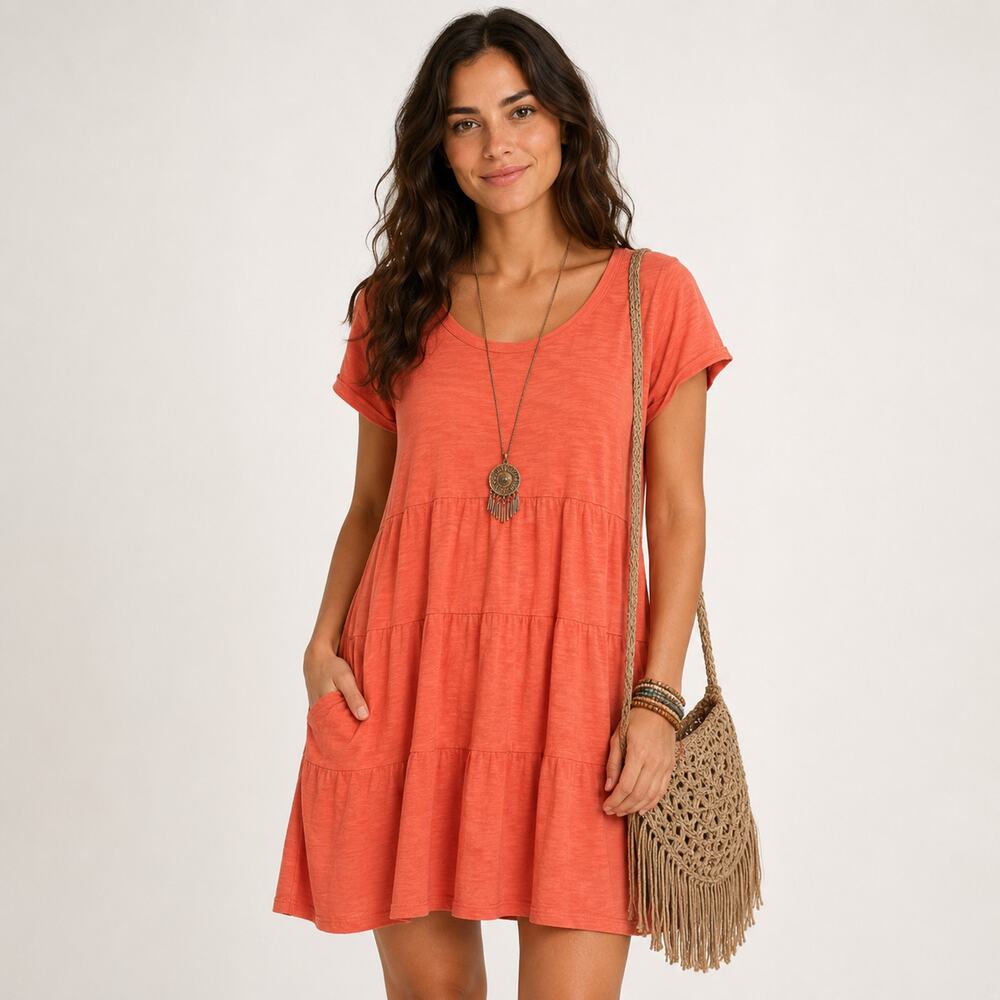 Time and Tru Tiered Knit Dress Women's Size XXL Coral Orange Cotton Casual Boho